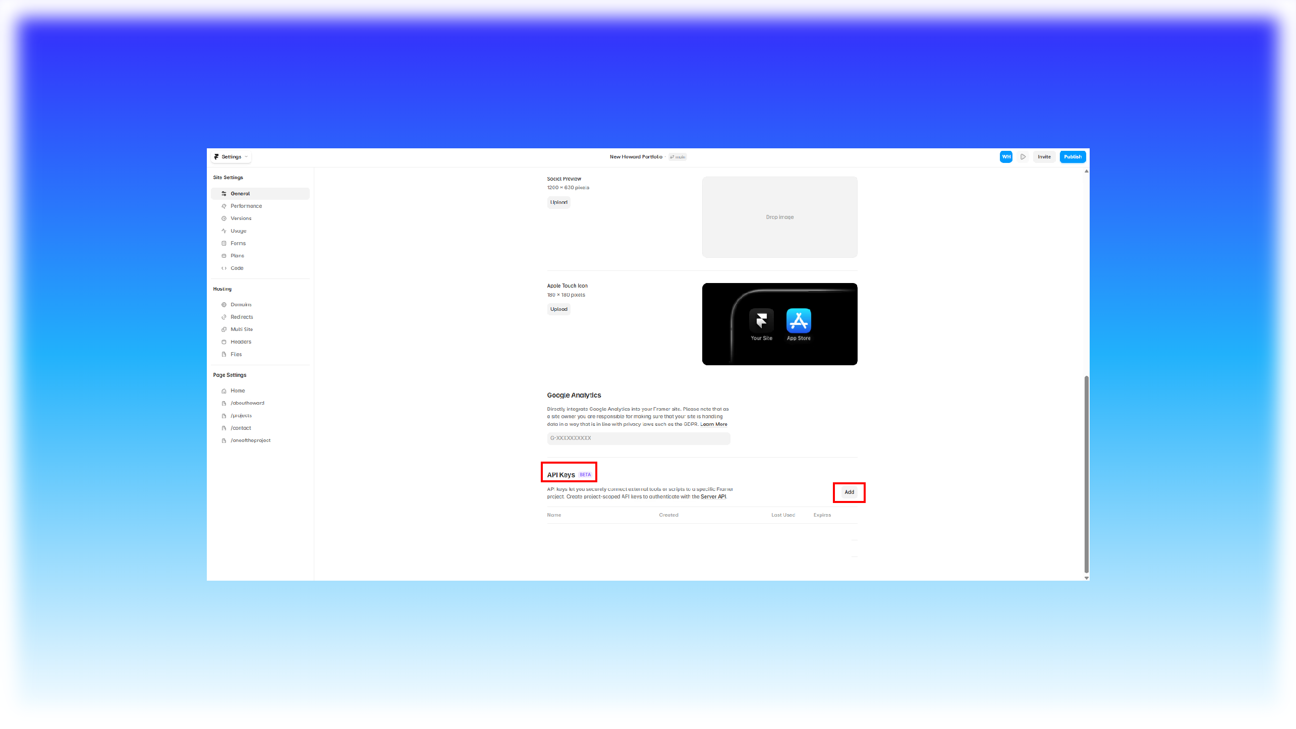 Locating API Keys (Beta) and clicking Add in Framer Settings